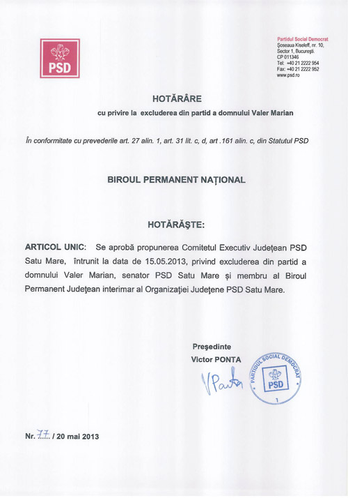 Dovada excluderii lui Valer Marian din PSD