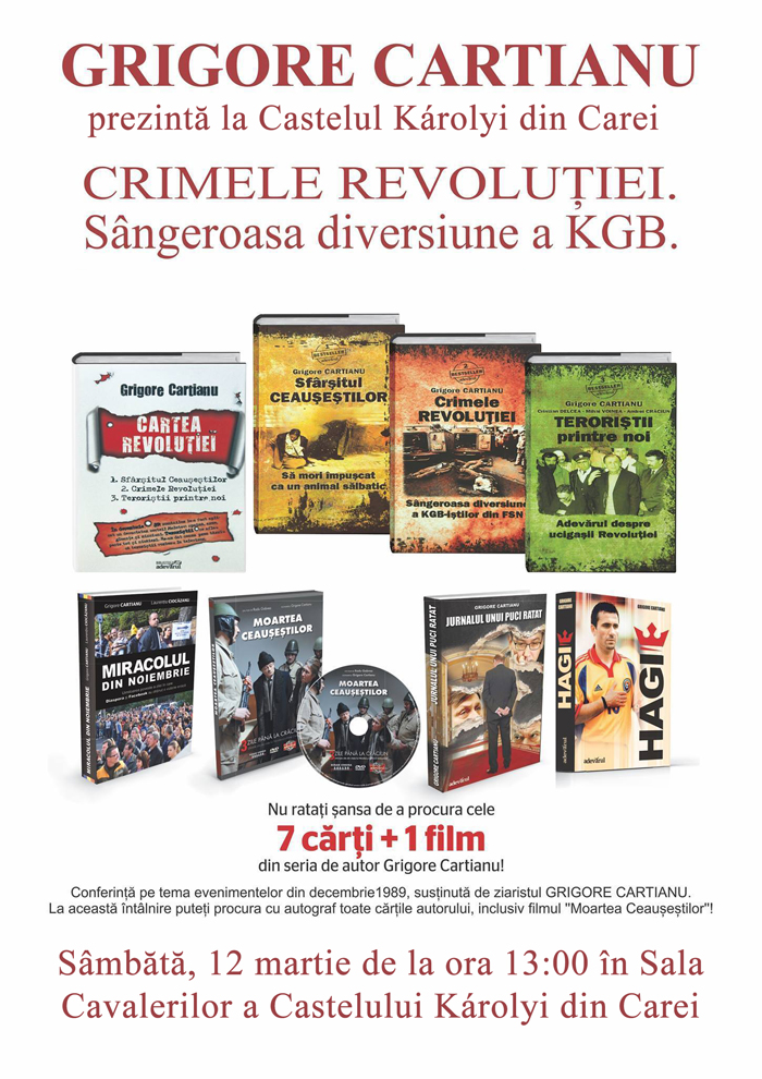 Cartea „Crimele Revoluţiei. Sângeroasa diversiune a KGB” va fi lansată la Carei