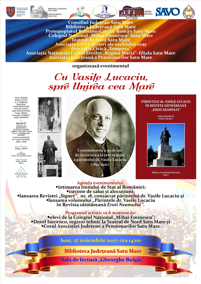 Eveniment la bibliotecă: „Cu Vasile Lucaciu, spre Unirea cea Mare”