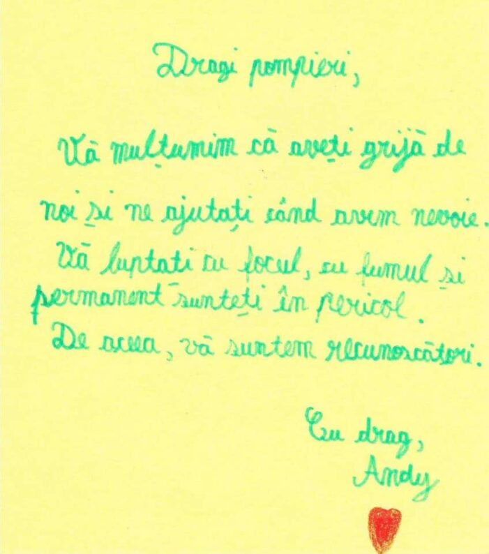 Mesajul unui copil pentru pompieri