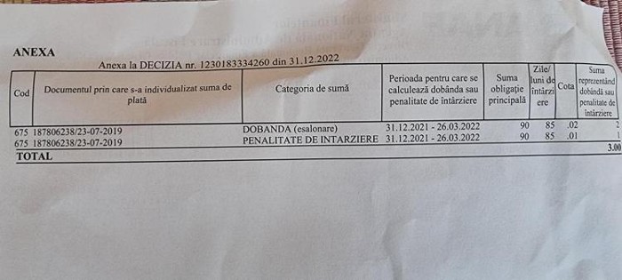 Somat de Fisc să achite o datorie în valoare de 3 lei !