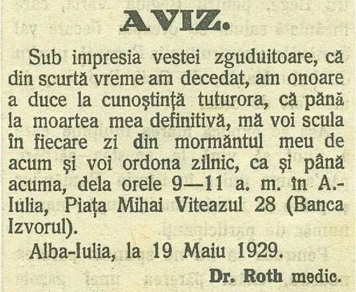 Umor negru de acum 100 de ani. Un medic a anunţat în ziar că mai trăieşte Umor negru de acum 100 de ani. Un medic a anunţat în ziar că mai trăieşte