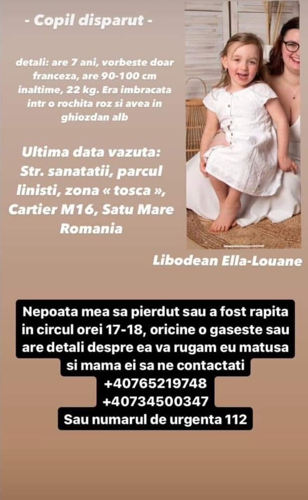 Fetiţă dispărută dintr-un parc din Satu Mare (Foto)
