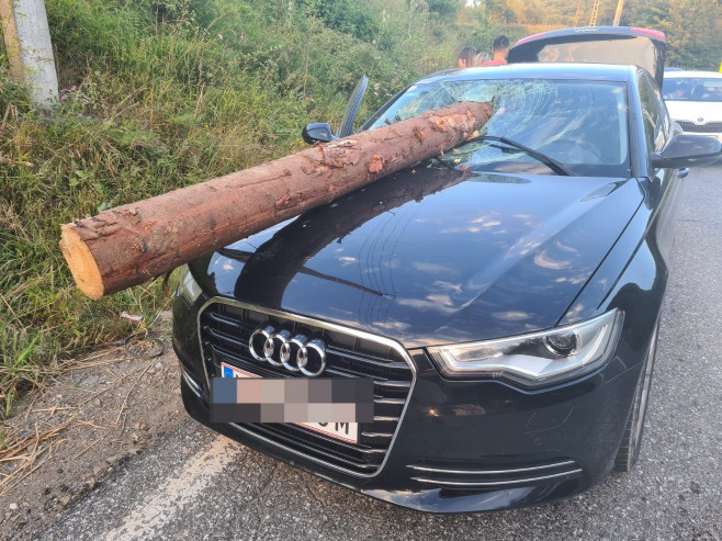 Parbriz străpuns de un buștean căzut dintr-un TIR (Foto)