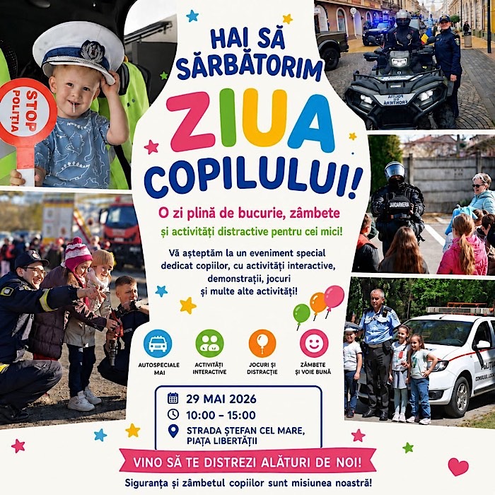 Autospeciale, demonstrații canine și activități interactive de Ziua Copilului, în centrul municipiului Satu Mare
