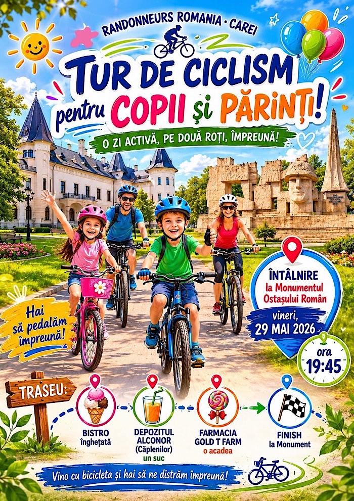 Tur ciclist de Ziua Copilului la Carei: Randonneurs România invită copiii și părinții la o seară pe două roți plină de surprize
