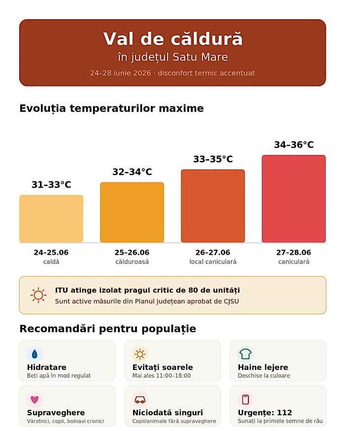 Val de căldură în intensificare în județul Satu Mare. Autoritățile activează măsurile de protecție a populației