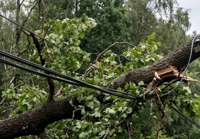 Copac prăbușit peste un stâlp electric în Satu Mare. Un autoturism a fost avariat