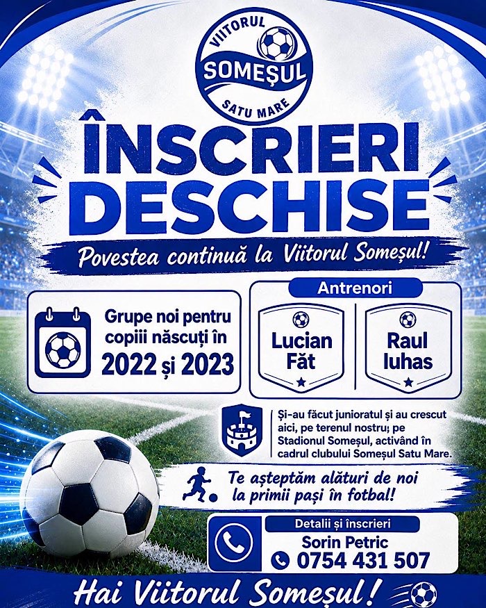Viitorul Someșul Satu Mare dă startul înscrierilor pentru cei mai mici fotbaliști. Se formează grupe noi pentru copiii născuți în 2022 și 2023