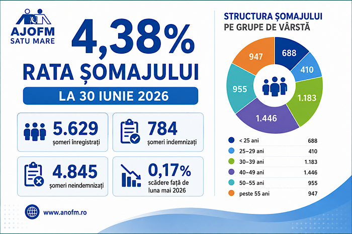 Rata șomajului în județul Satu Mare a scăzut la 4,38% în luna iunie