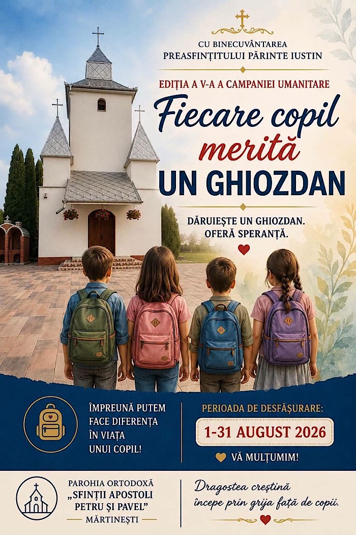 Campania umanitară „Fiecare copil merită un ghiozdan” revine la Mărtinești. Concert caritabil de pricesne pe 9 august